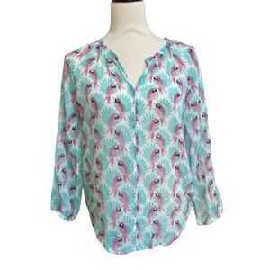 Roller Rabbit Cotton Blouse XS Pink Parrot Print Tropical Palm Long Sleeve Top
